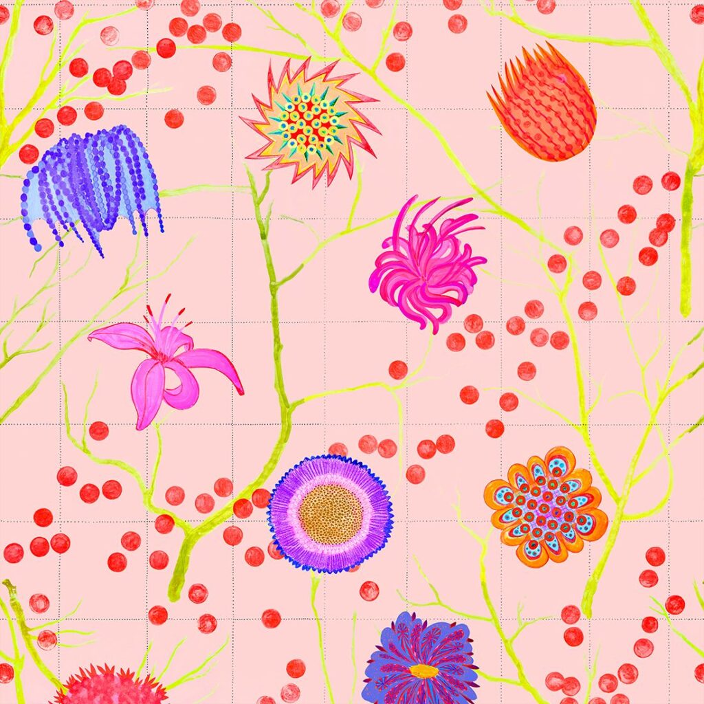 Mischief detail showing ultra-colorful flower blooms in abstract style, pink background