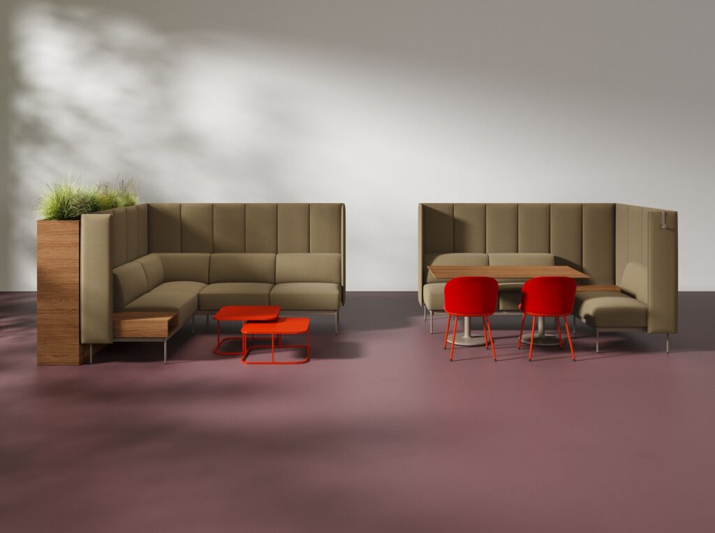 Stylex Ambi in brown/gray color with red chairs and tables in a split configuration 