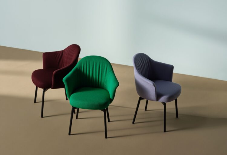 Three Anla chairs in green, red, and lavender