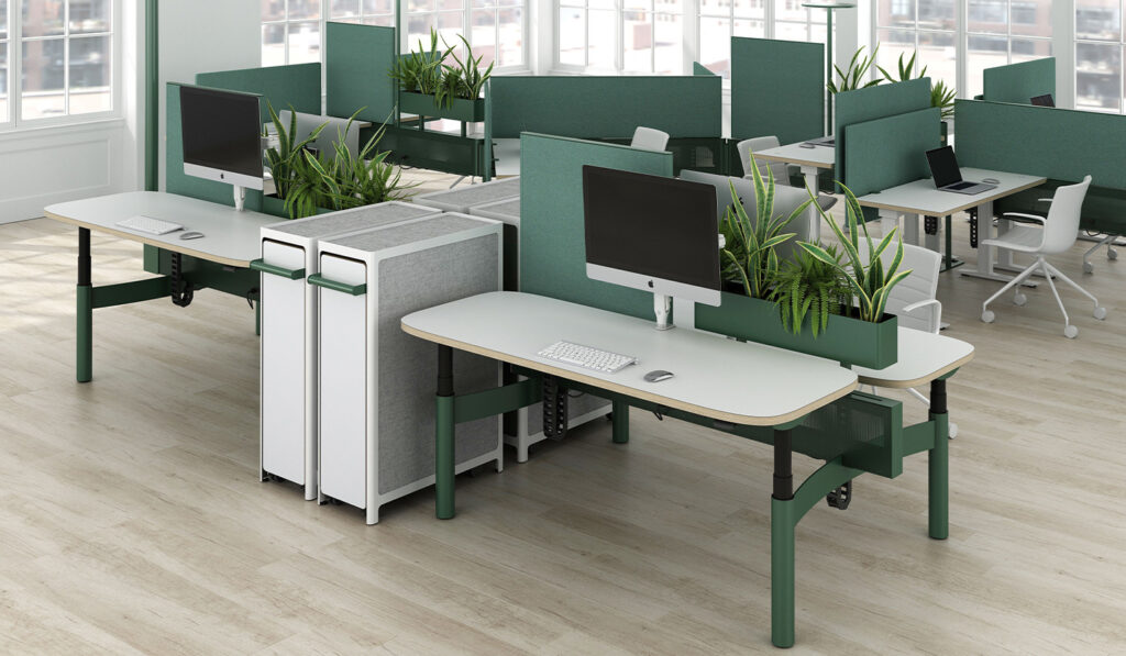 System with white worktops and green partition screens