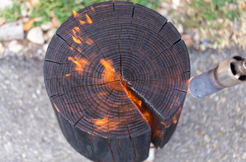 Shou Sugi Ban process of lighting the wood for Uhuru stool