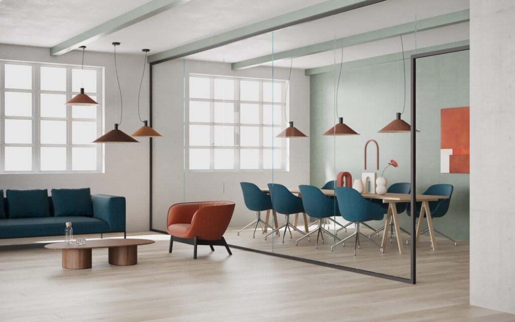 Luxxbox Sierra pendants at different heights in open space and above conference table