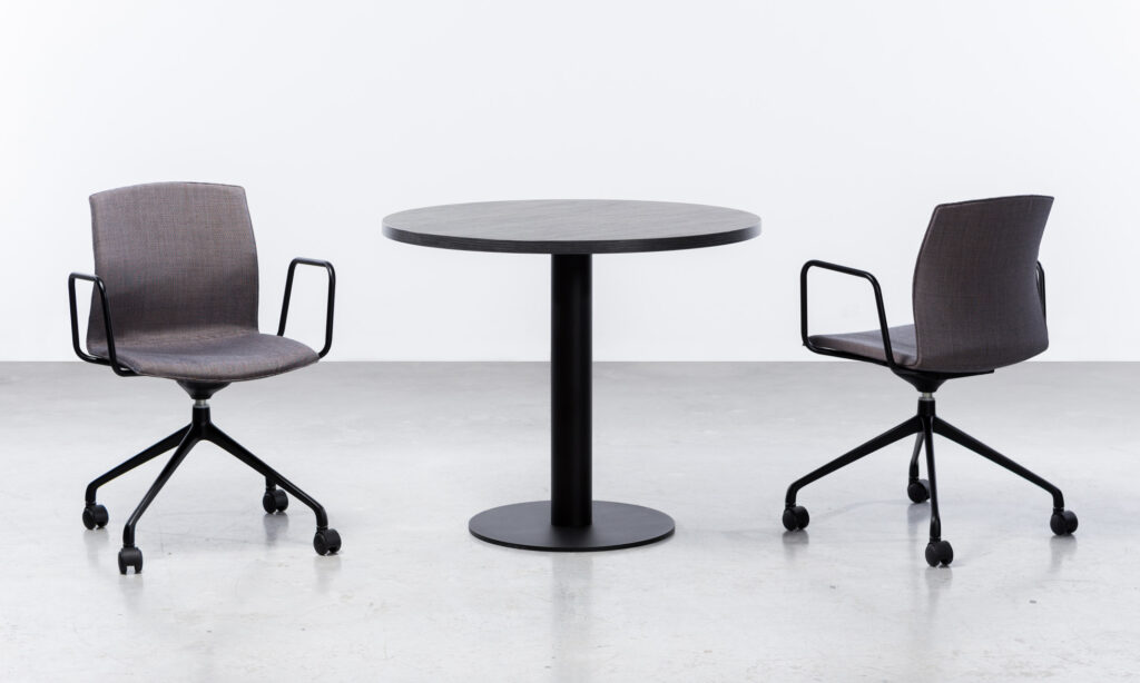 Celebrate in gray upholstery on rolling casters with café table