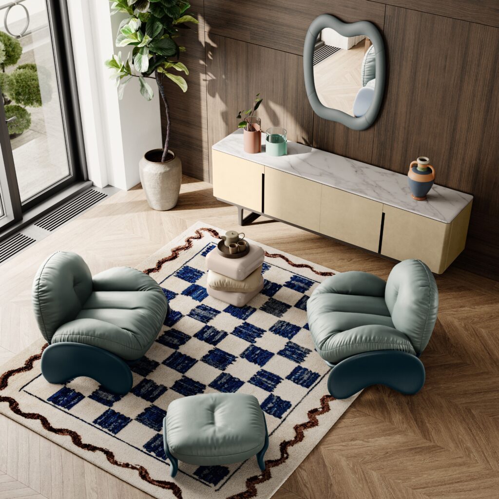 Squash chair, ottoman, rug, and mirror as seen from above