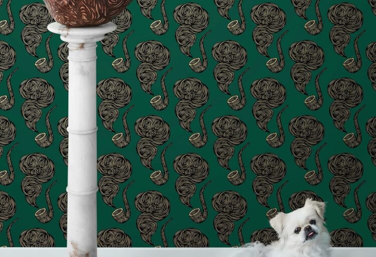 The Gentleman wallpaper green background with pipe on pedestal and white Pekinese dog