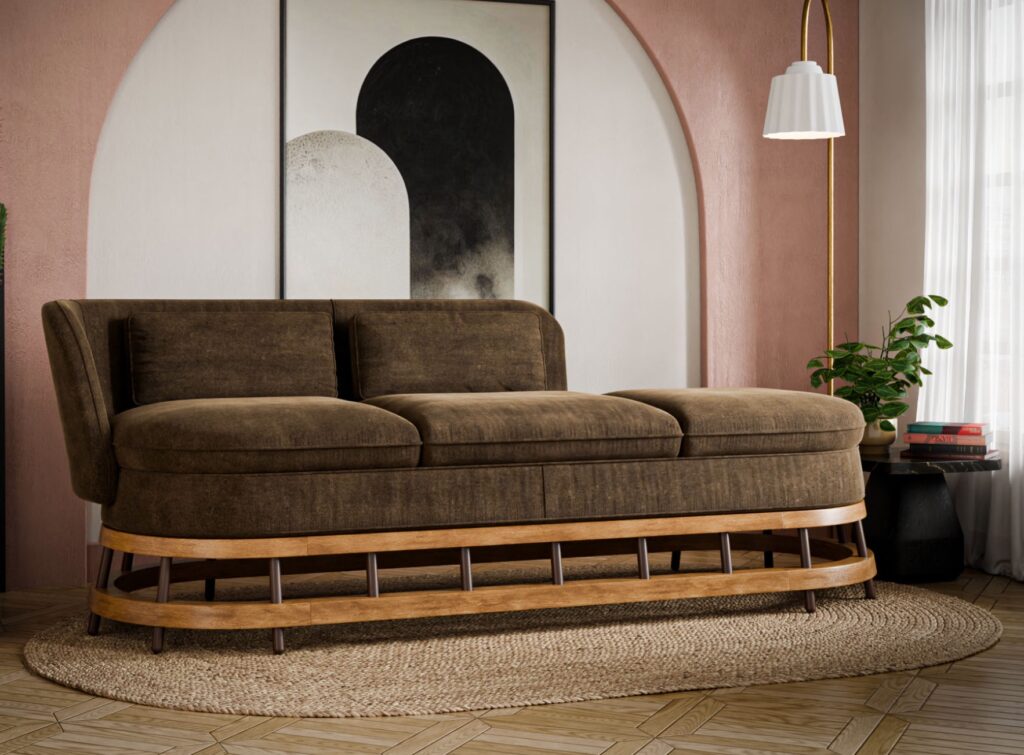 Atico in brown on oval rug with wood floor in living room