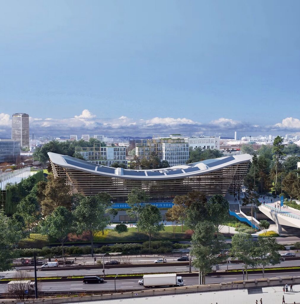 Aquatics Center exterior view showing roof and solar panels