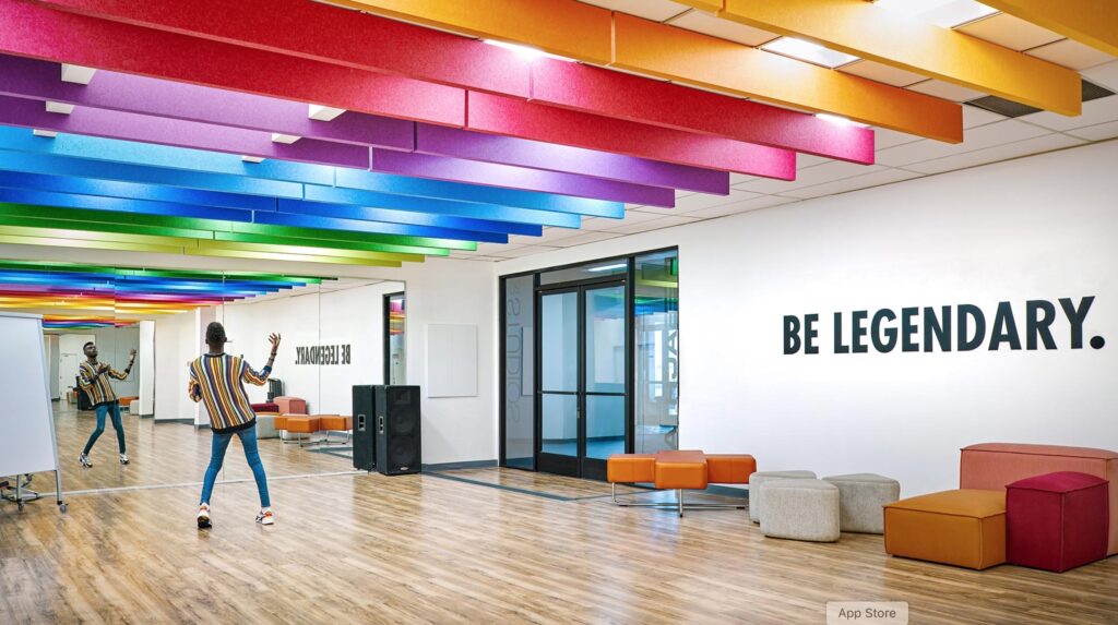 Reach L.A. dance floor with colorful baffles, colorful pouf furniture, and man practicing dance