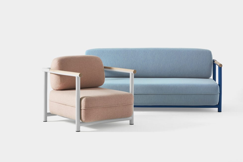 Chair (peach cushion/white frame) and sofa (sky blue cushion/royal blue frame)