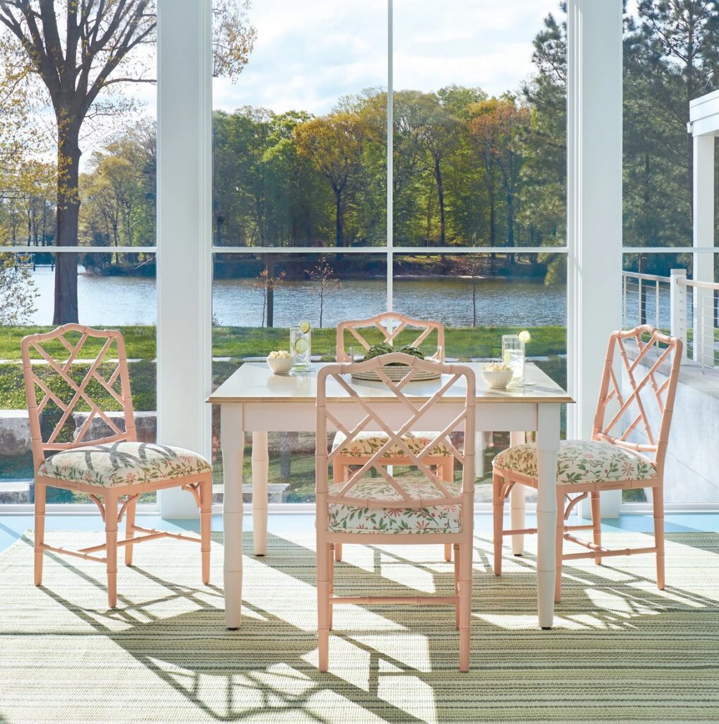 Arm-less chairs as patio dining with view of lake