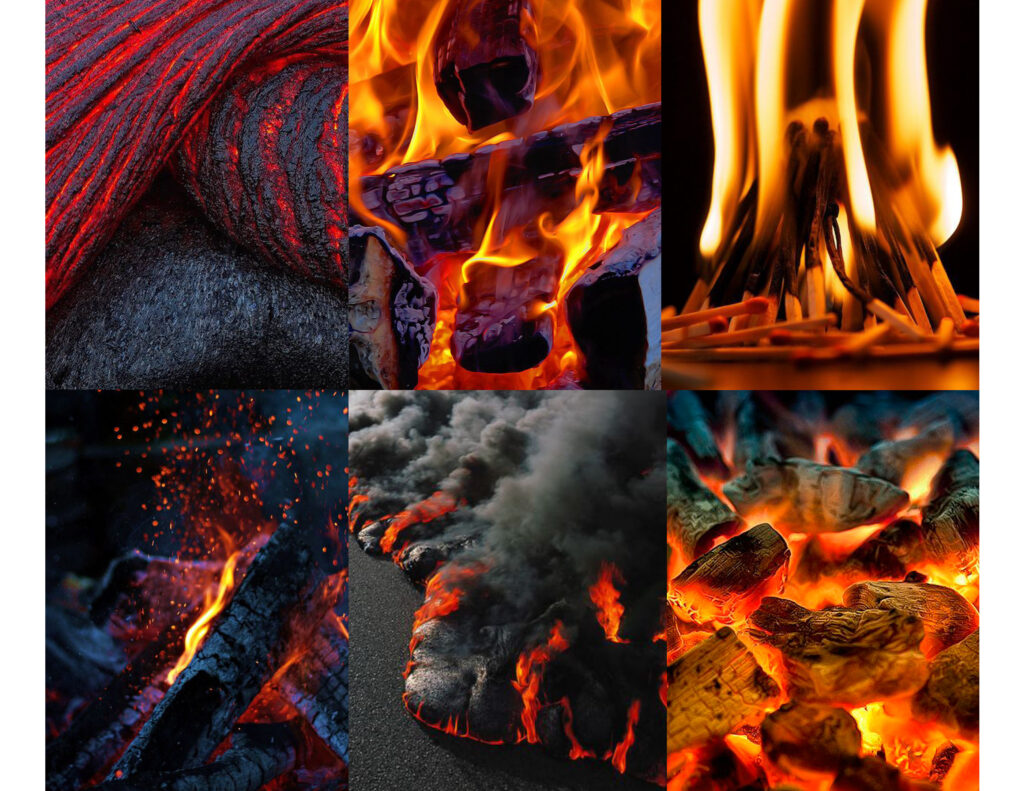 six small images of glowing embers, smoking fire, buning wood, burning matches