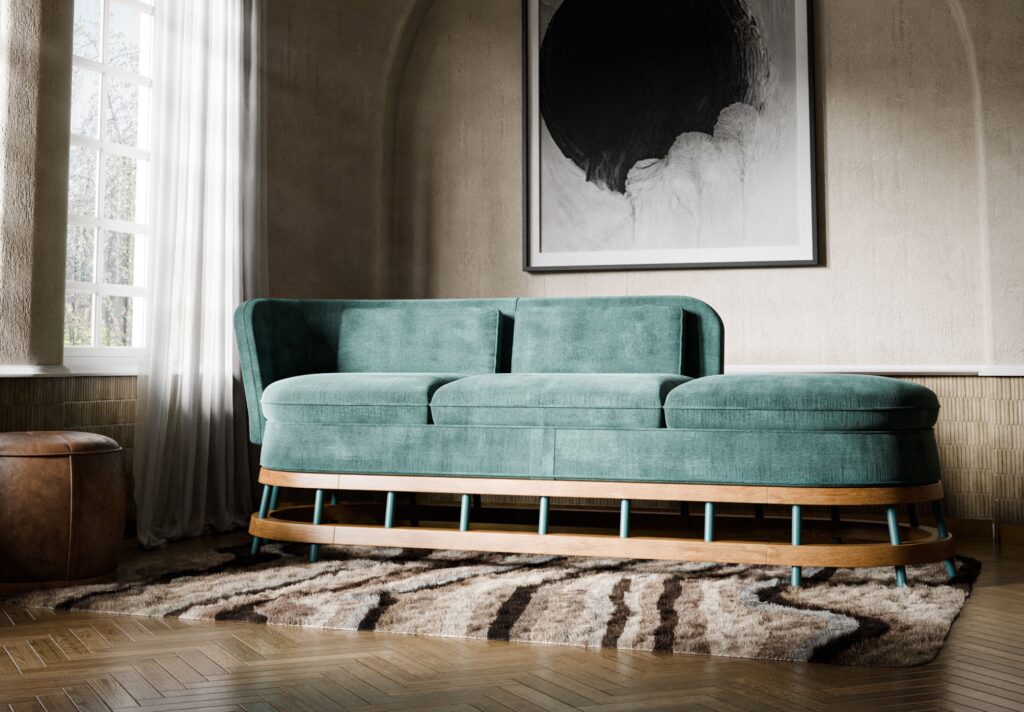 Atico sofa in blue/green with abstract painting above 