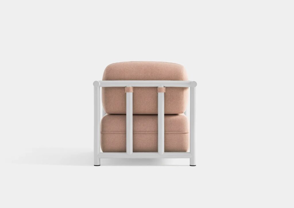 Rear view of Bamboo armchair with peach-colored cushion