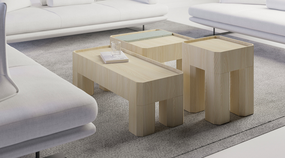 A cluster of Block Tables on a living room rug