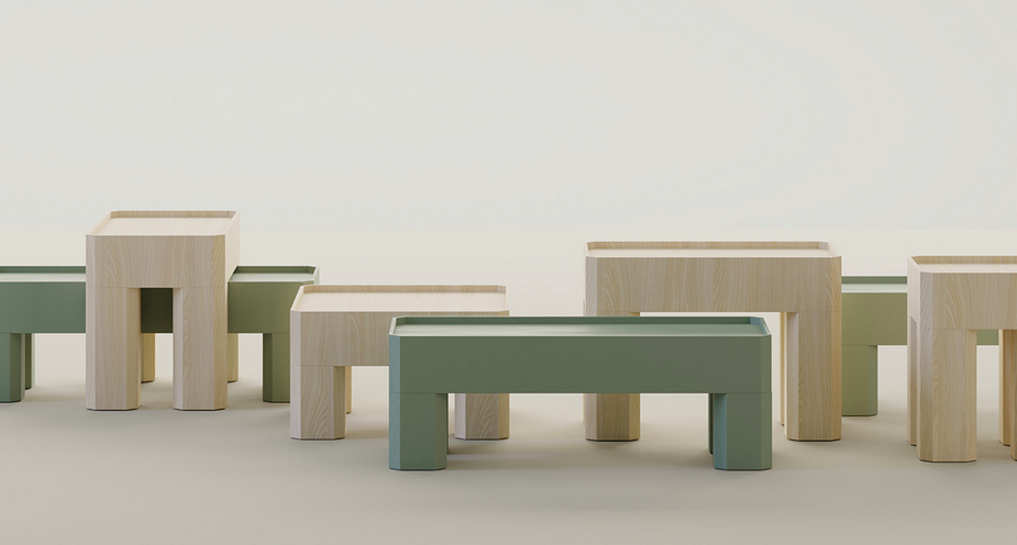 A row of Block Tables in varying dimensions and sizes