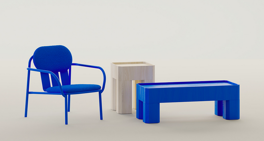 A bright blue Block Table next to a bright blue chair