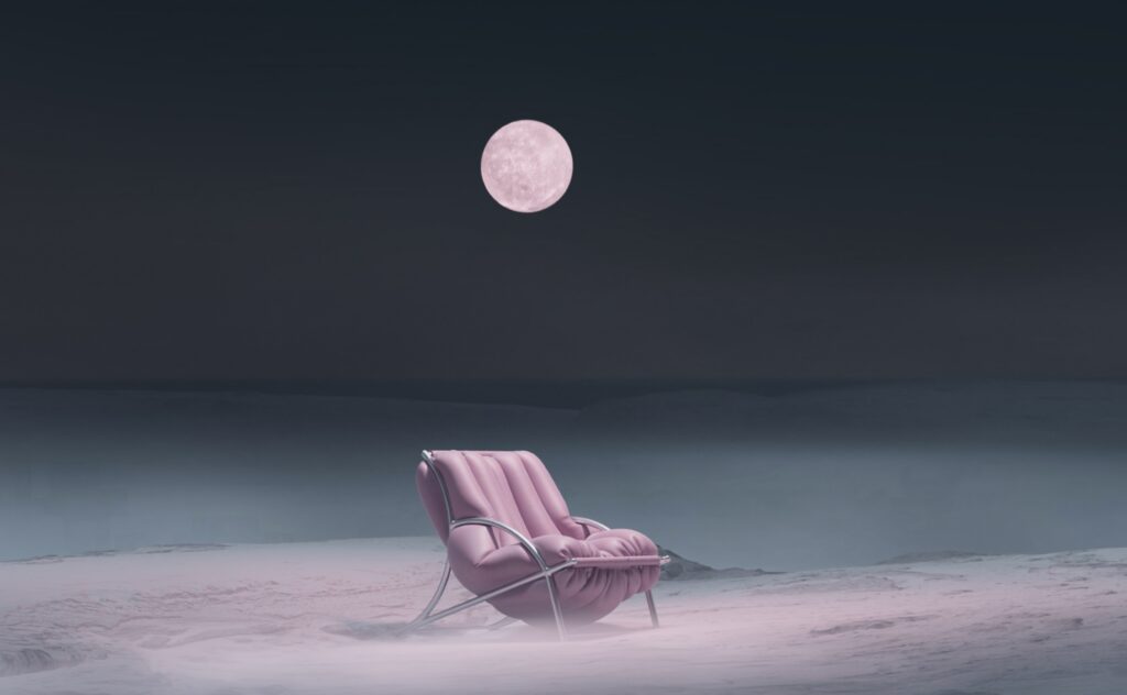 Crowded Elevator chair on snowy landscape with space-age moon