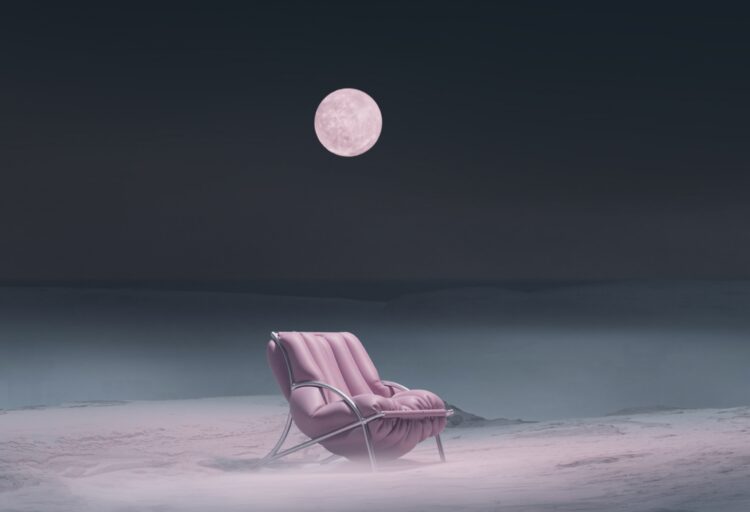 Crowded Elevator chair beneath other-worldly moon