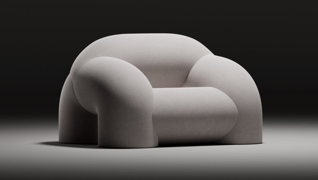 Bold chair from Odyssey exhibit. Looks like a big balloon with bulbous contours.