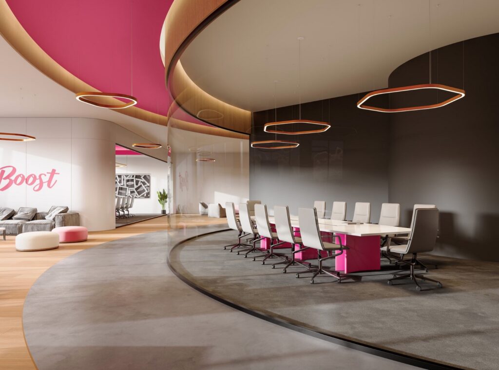 Rev hexagonal in open office with pink/white design elements