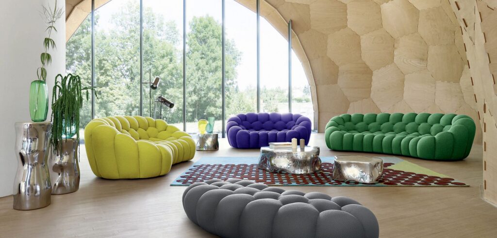 Sofa collection with bubble-like appearance in various sizes in situ