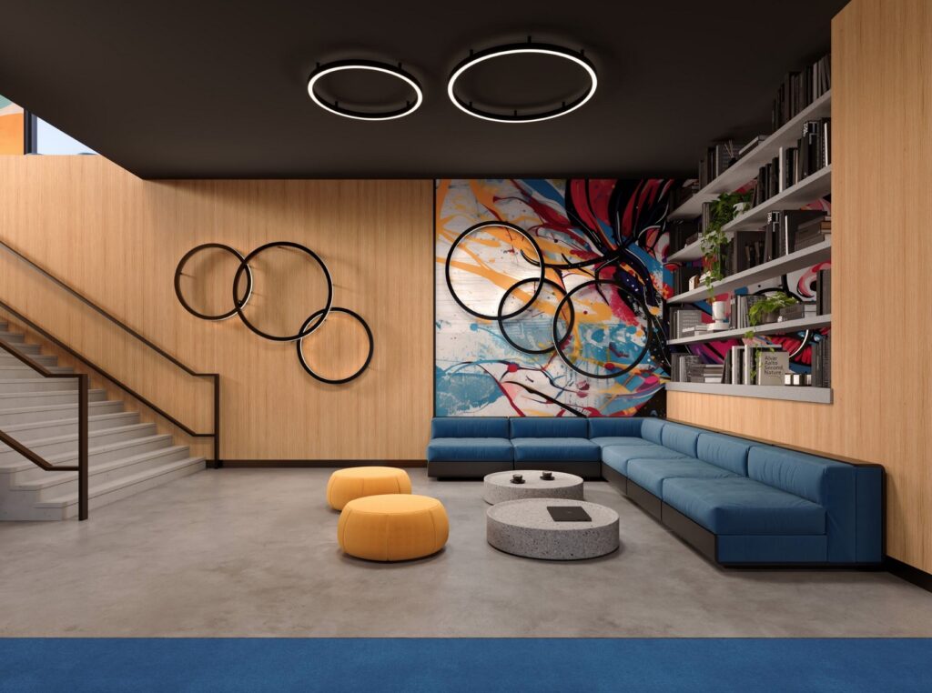 Eight ring luminaires on ceiling and walls of bright seating are with colorful wall art