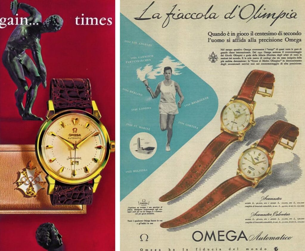 Vintage ad with Omega watches, runner carrying torch, and Greek statue of athlete with discus