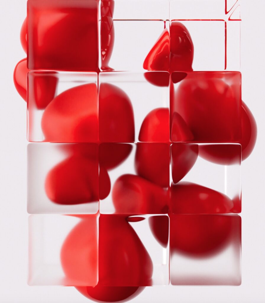 Digital art image with red bubbles as seen through glass blocks