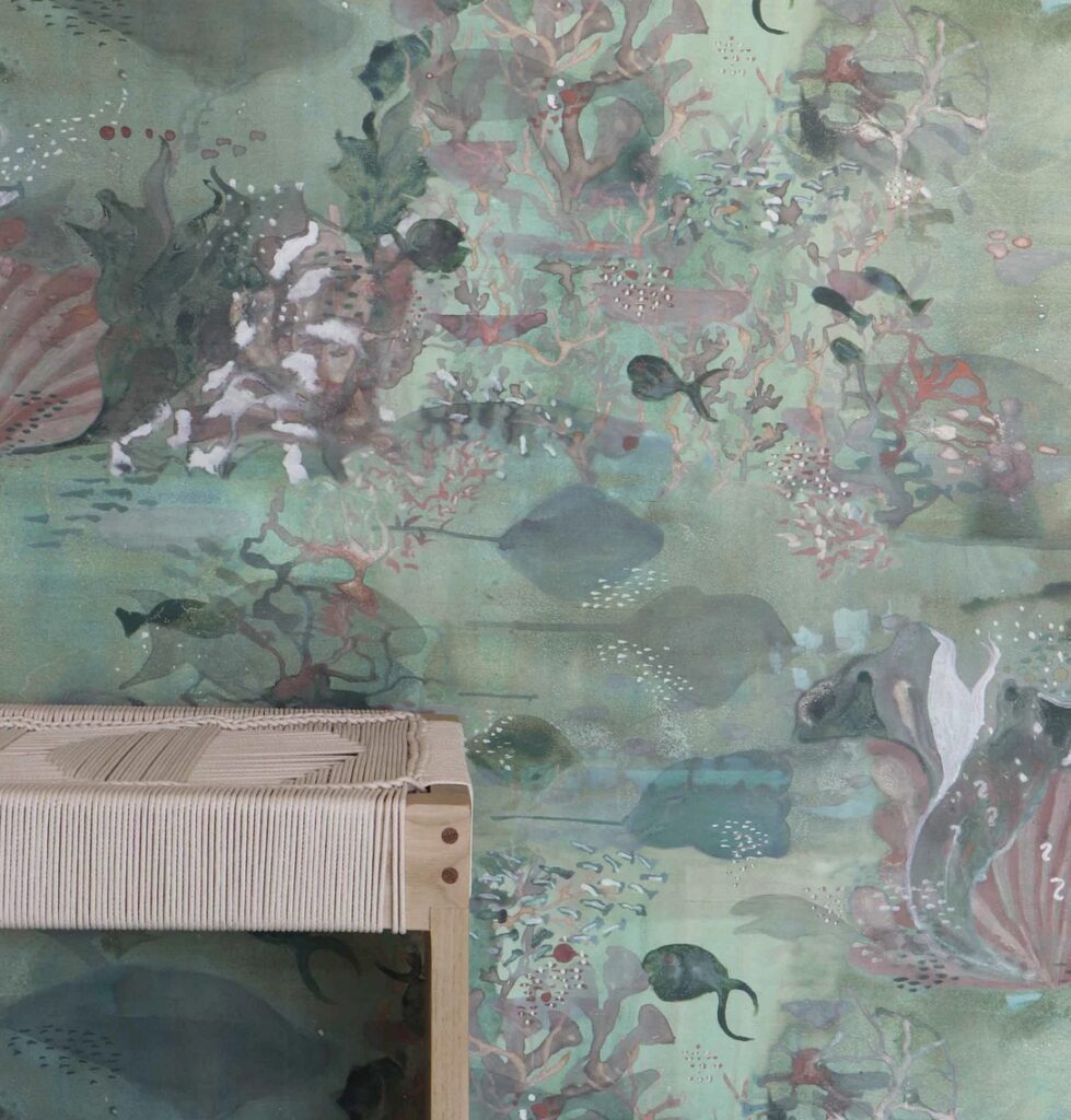 Reef silk wallcovering from Eskayel with greenish tint and partial view of bench