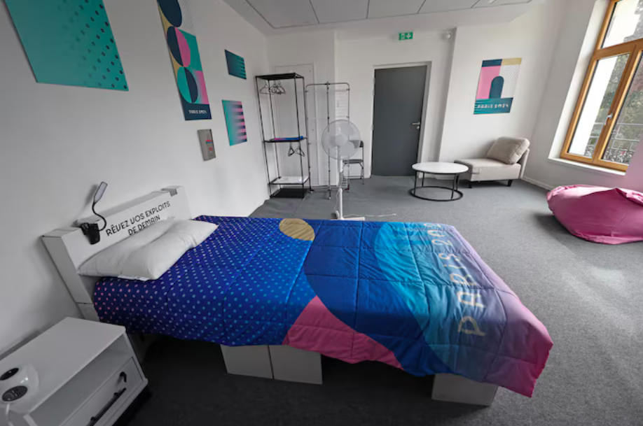 A bedroom in the Olympic Village at Paris 2024