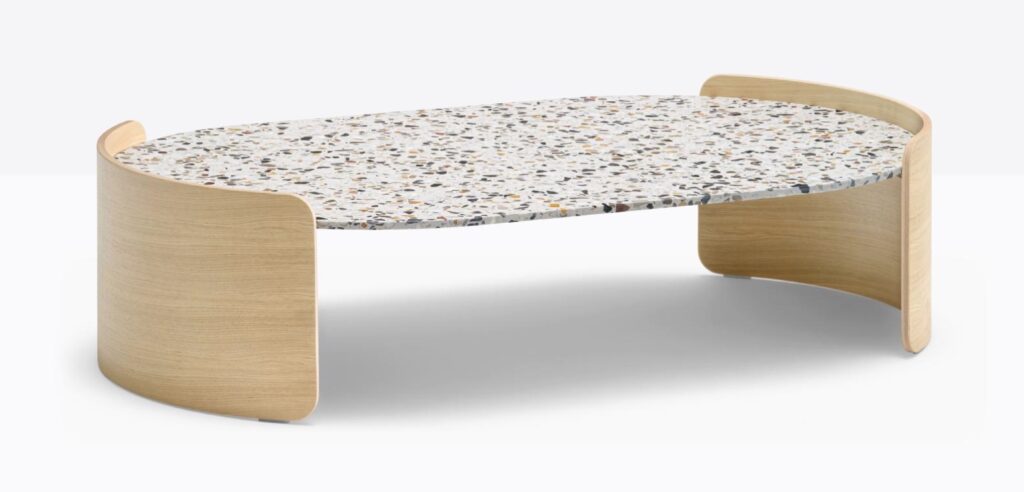 Parenthesis oval table with speckled laminate top and wooden sides