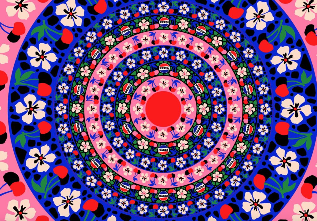 Pepsi art with concentric circles with different colors and flowers and Pepsi logo