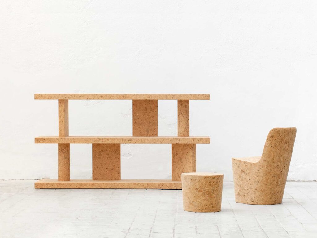 Cork bookcase, chair, and side table