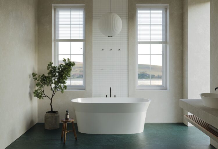 James bathtub in modern bathroom with green floor