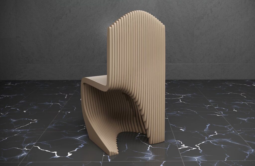 Rear view of a chair made of wooden slats giving the effect of fabric pooling on the floor