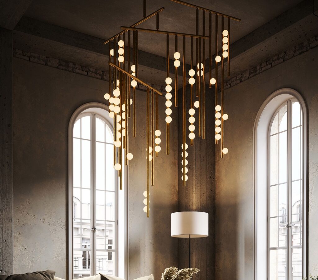 Chandelier with many mini-globes on vertical rods in old room