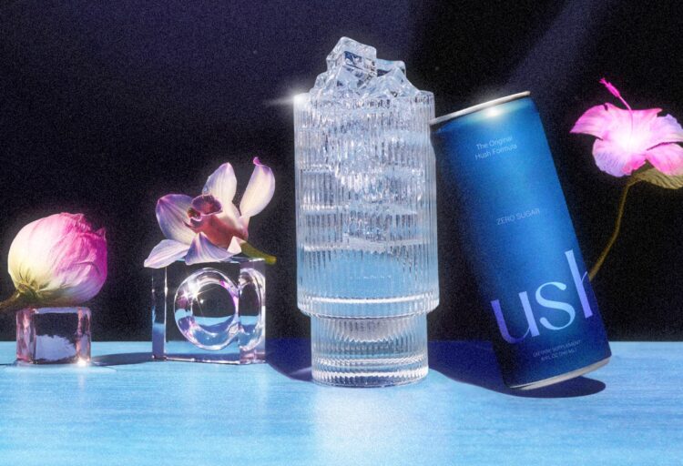 Hush branding with can, full glass, and flowers