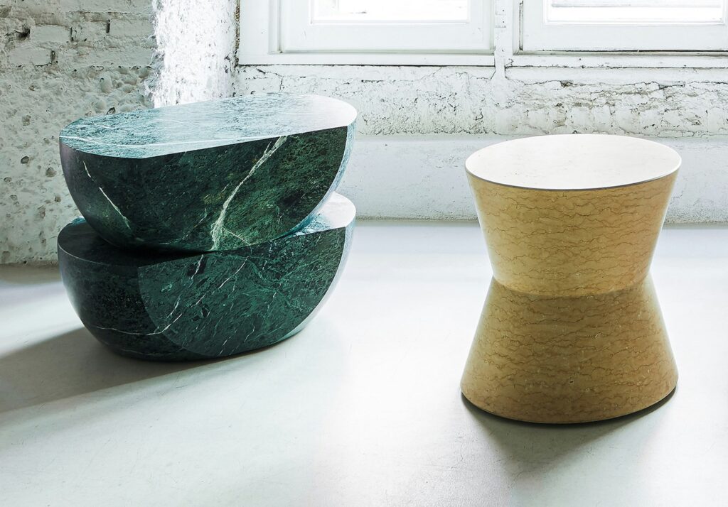 Green bathtub and yellow basket stools