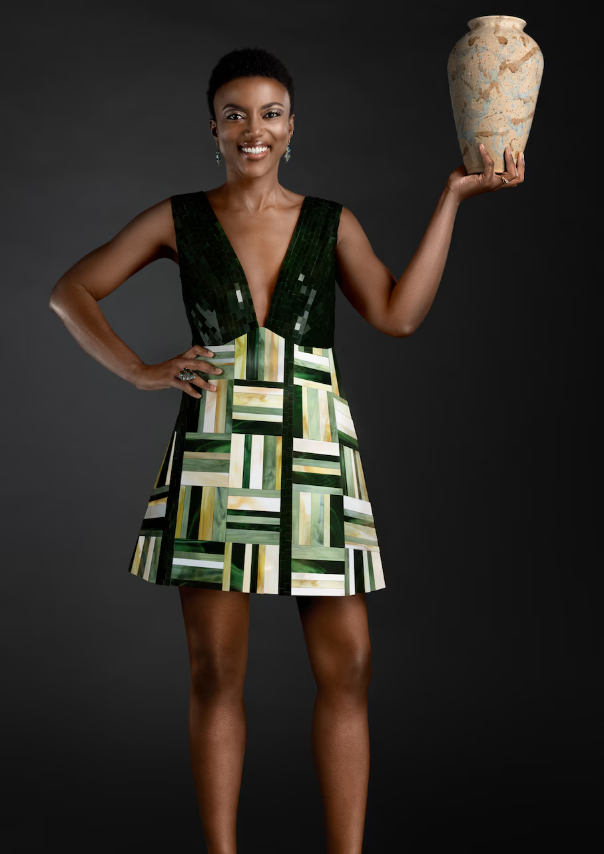 Camille Beckles in mosaic dress