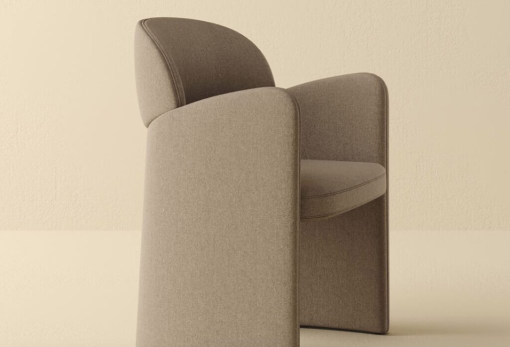 Side view of brown chair designed by Roberto Lazzeroni