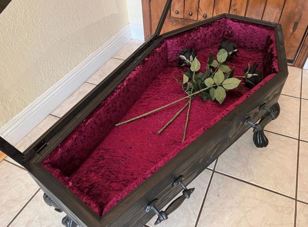 Coffin Coffee Table open with red velvet lining