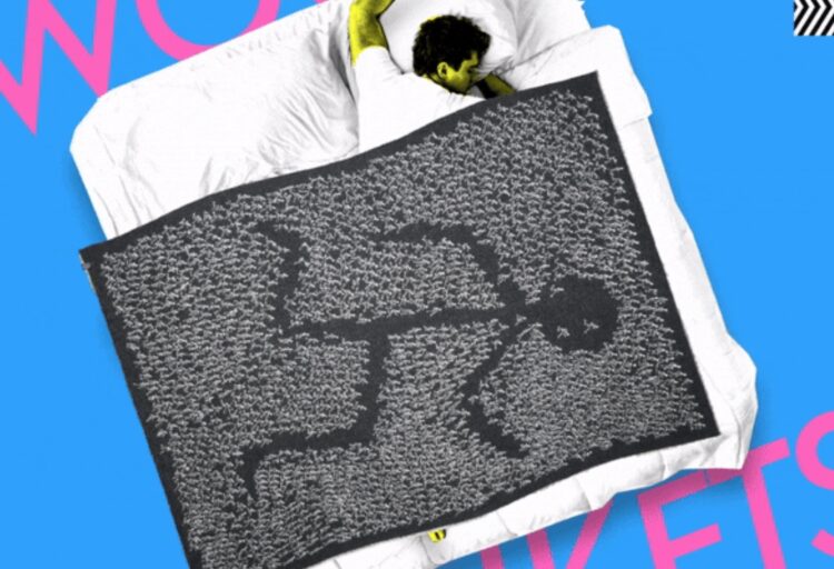 Blanket with stick figure atop sleeping man