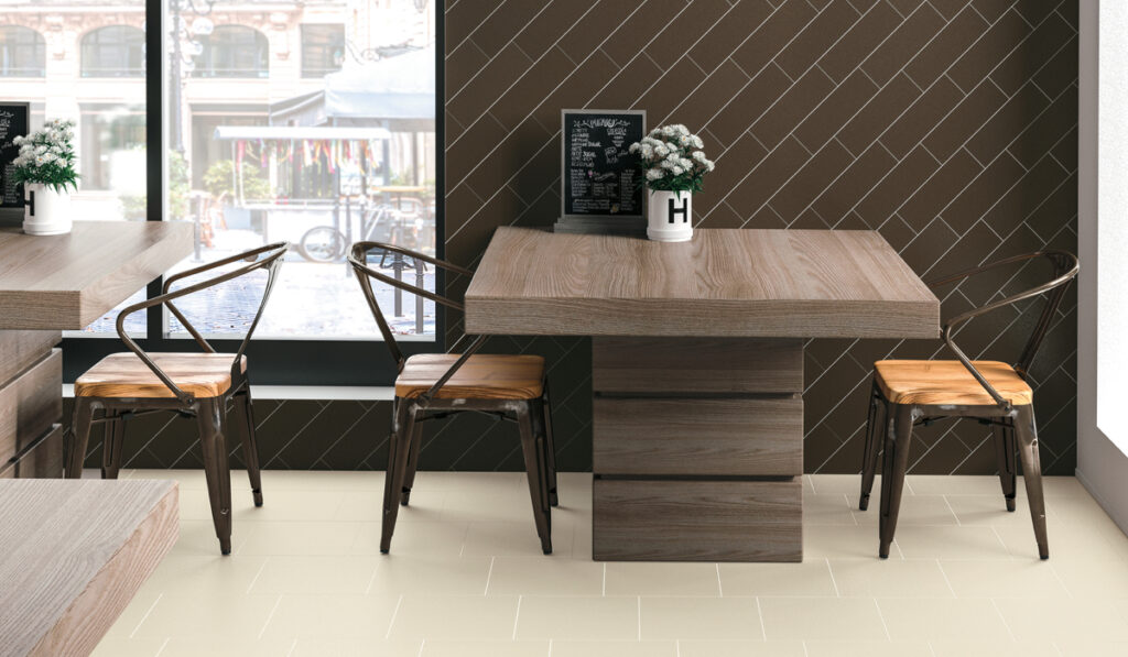 Retro Active 2.0 in cafe. Brown tile on wall and taupe on floor. 