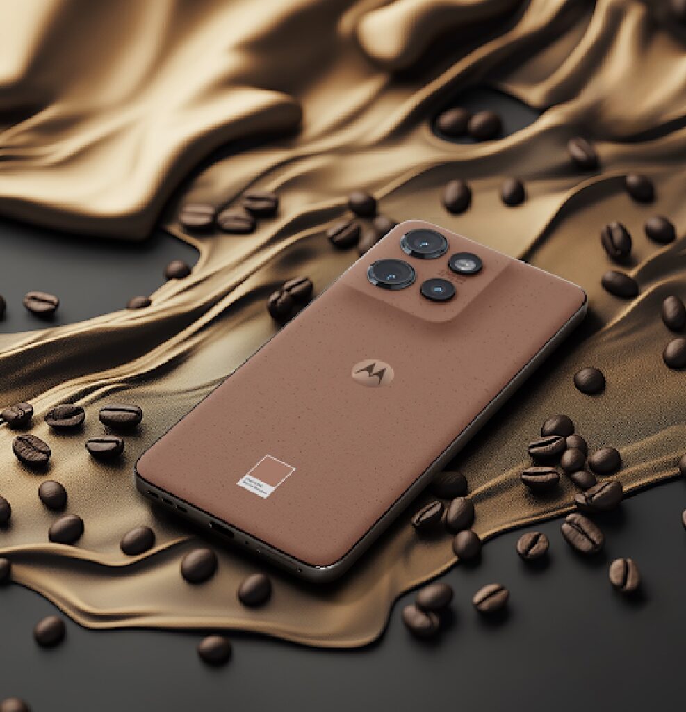 Mocha Mousse Motorola phone with coffee beans