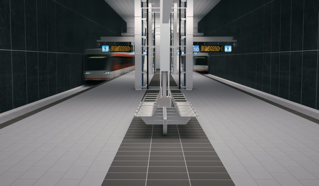 White tile with gray rectangular tile on subway platform