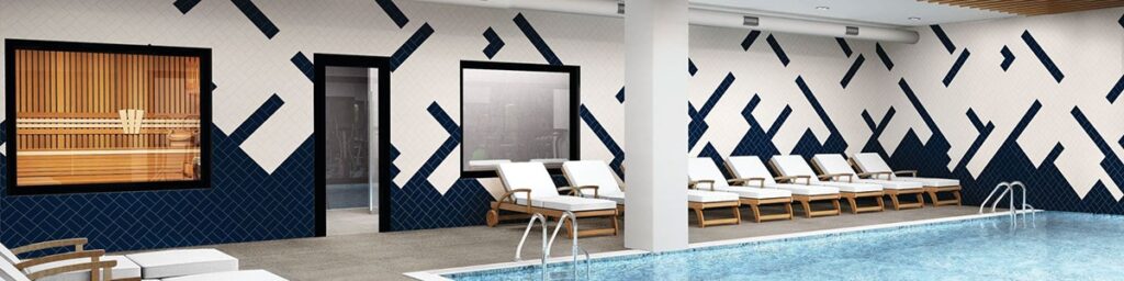 Color Wheel Linear makes a splash as wall covering at a pool 