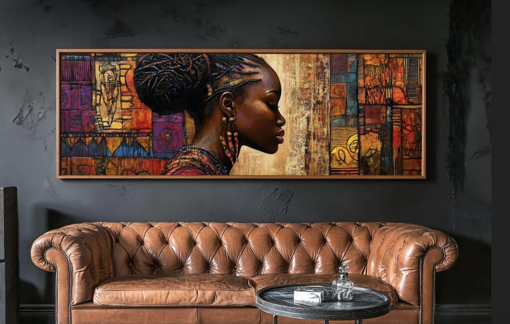 Woman in painting with background of colorful line drawings