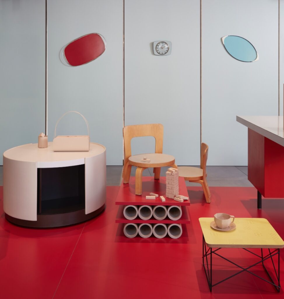 Various Formica objects including record stand, chairs, and small table