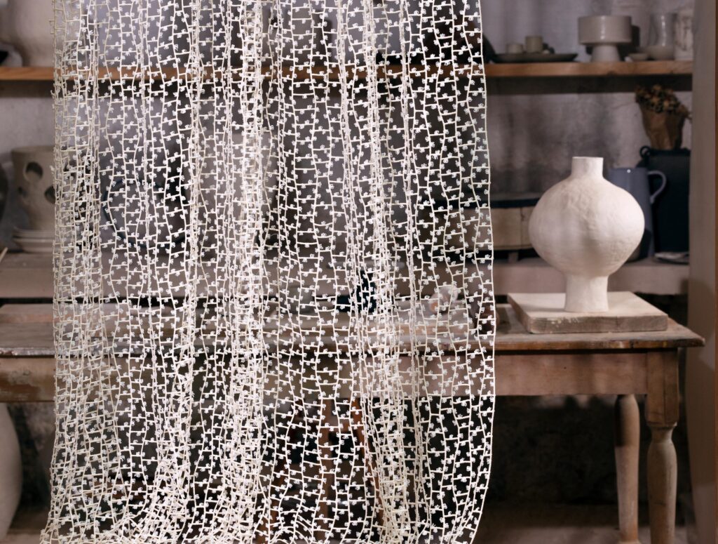 Nature's Dialogue sheer fabric in potter's studio